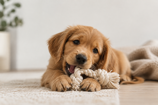 Golden Retriever Welpe liegt auf einem hellen Teppich und kaut auf einem Seilspielzeug.