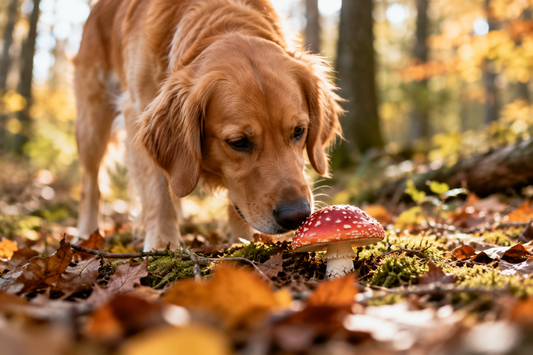 Hund schnuppert im herbstlichen Wald neugierig an einem Pilz zwischen Moos und buntem Laub.