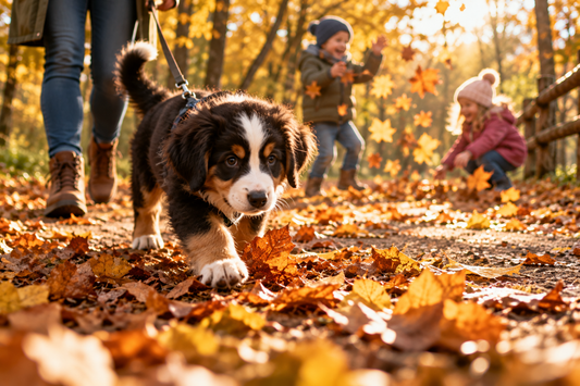 Welpe läuft an der Leine über einen herbstlichen Weg voller bunter Blätter, während im Hintergrund Kinder spielen.