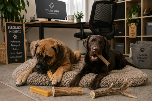 Labradorhündin Nela und Cane Corso Welpe Herrmann entspannen als Bürohunde auf ihren Liegeplätzen und kauen auf natürlichen Kauartikeln im Wildfang-Büro.