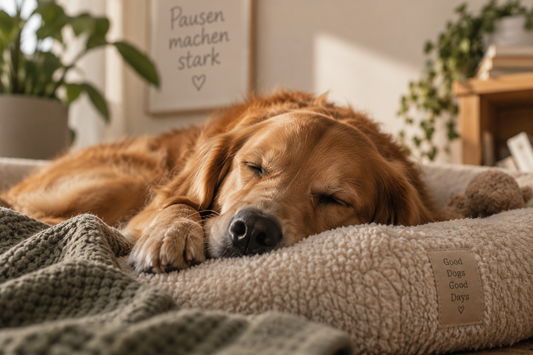 Entspannter Hund schläft gemütlich in seinem Hundebett – ausreichend Schlaf und Ruhe sind wichtig für einen ausgeglichenen Hundealltag.