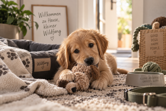 Golden-Retriever-Welpe kommt in seinem neuen Zuhause an und liegt mit Spielzeug neben Hundebett, Napf und Halsband.