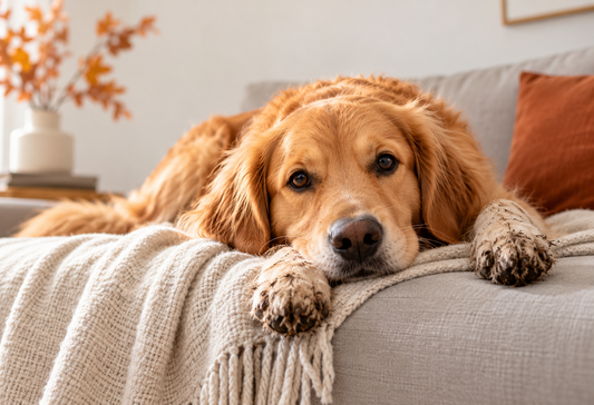 Golden Retriever liegt mit leicht matschigen Pfoten entspannt auf einem hellen Sofa mit Decke in herbstlicher Wohnatmosphäre.