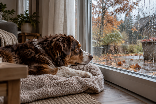 Braun-weißer Hund liegt gemütlich auf einer weichen Decke am Fenster und schaut an einem regnerischen Herbsttag nach draußen.