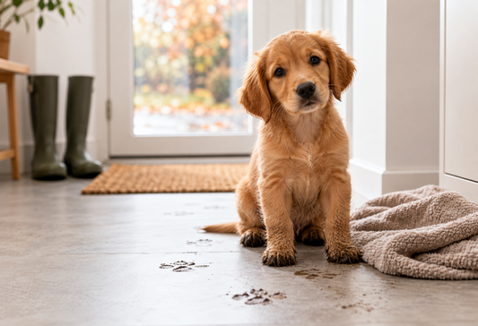 Golden Retriever Welpe sitzt mit matschigen Pfoten im Eingangsbereich neben einem Handtuch, während draußen herbstliches Laub zu sehen ist.