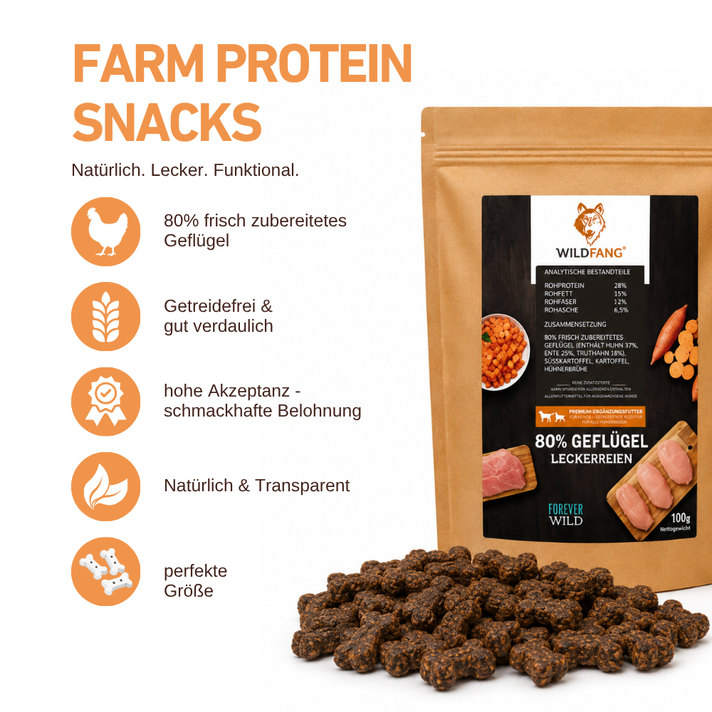 Farm Protein Snacks - Premium Hundesnacks mit 80 % Geflügel-Hundefutter-Wildfang-