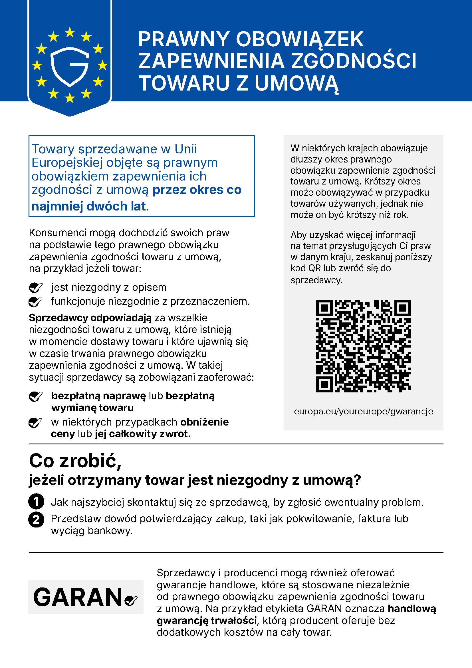 Prawny obowiązek zapewnienia zgodności towaru z umową – zharmonizowana informacja UE